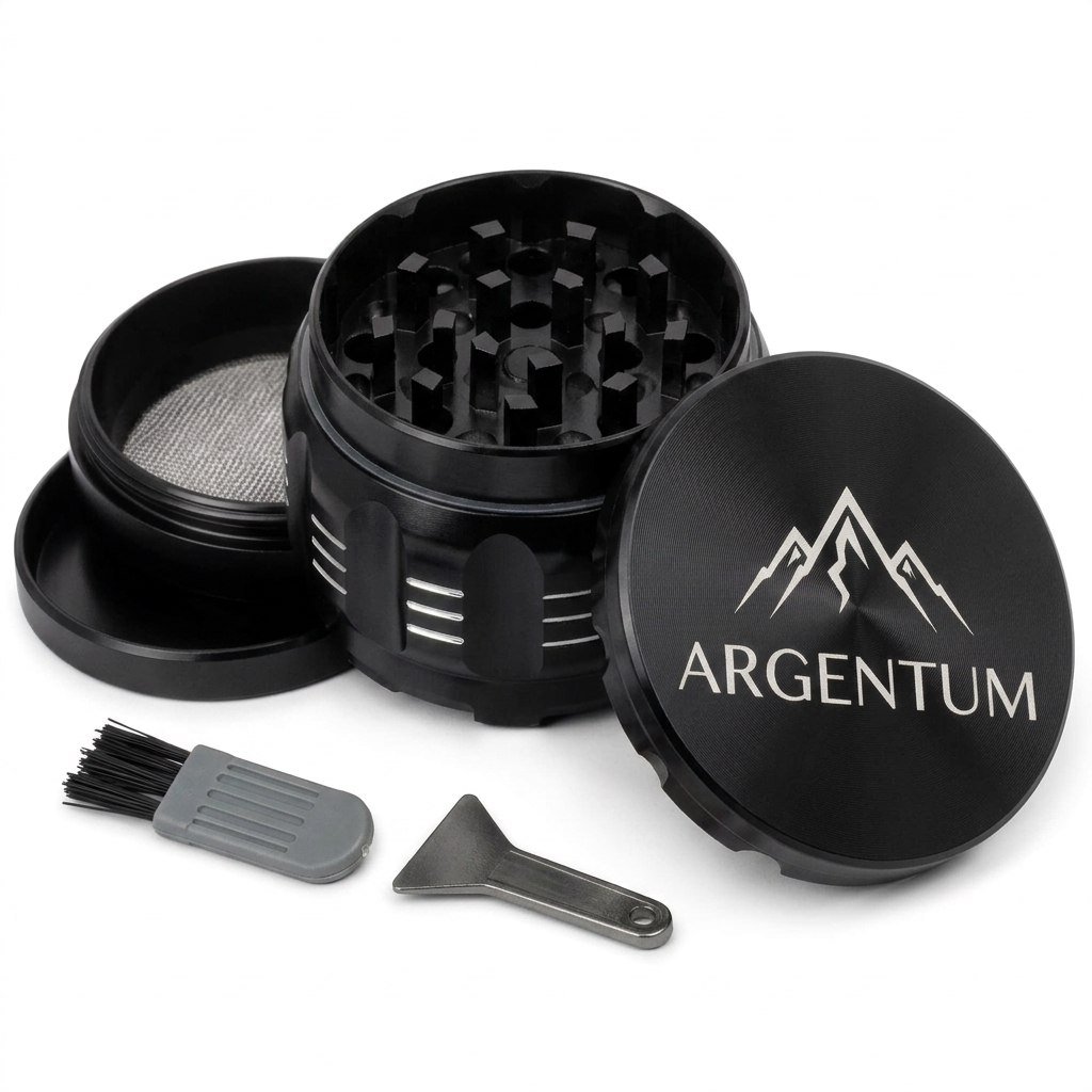 ARGENTUM aluminum grinder disassembled into its four pieces alongside the cleaning brush and plastic scraper
