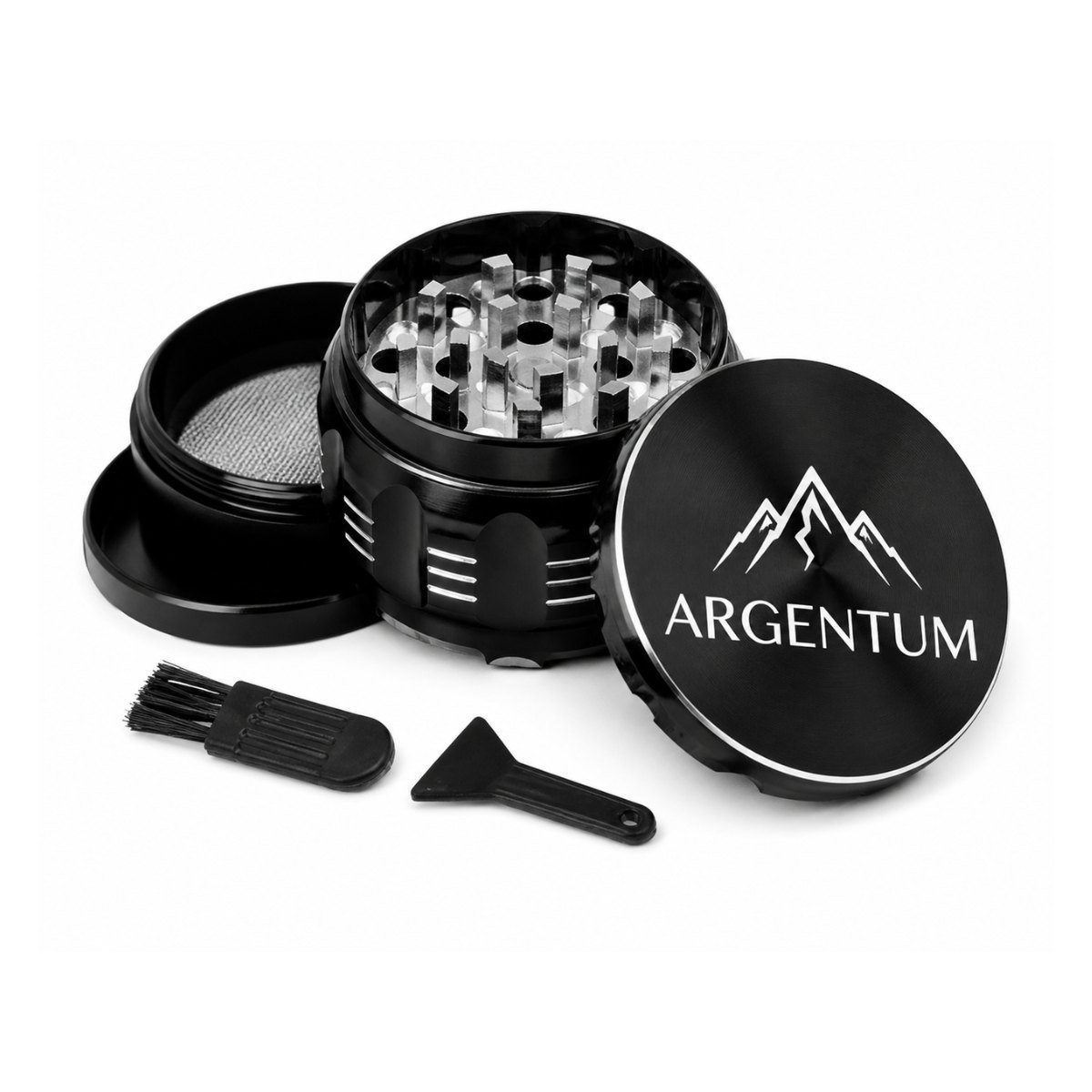 ARGENTUM grinder disassembled into four aluminum pieces with the removable mesh screen, plastic scraper and cleaning brush