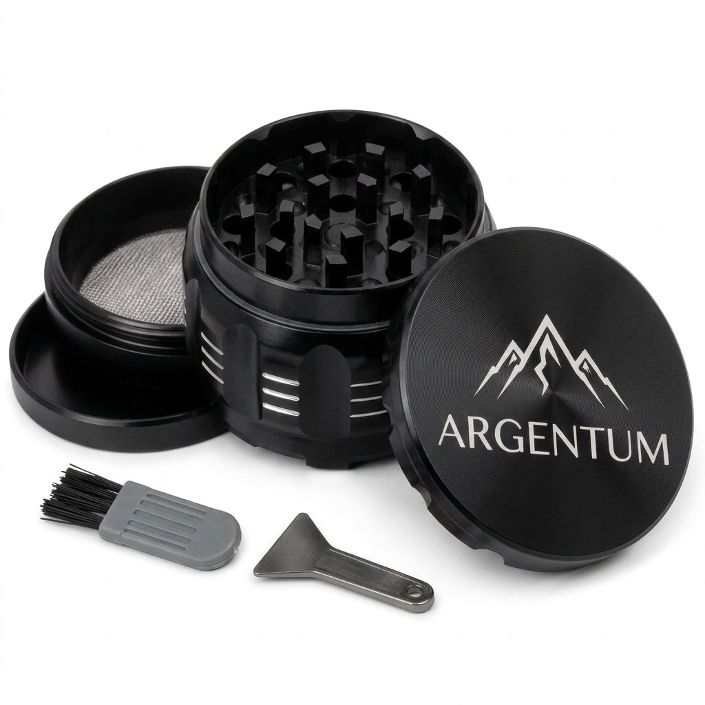 Black anodized ARGENTUM aluminum spice grinder shown open with its sieve chamber, scraper and cleaning brush