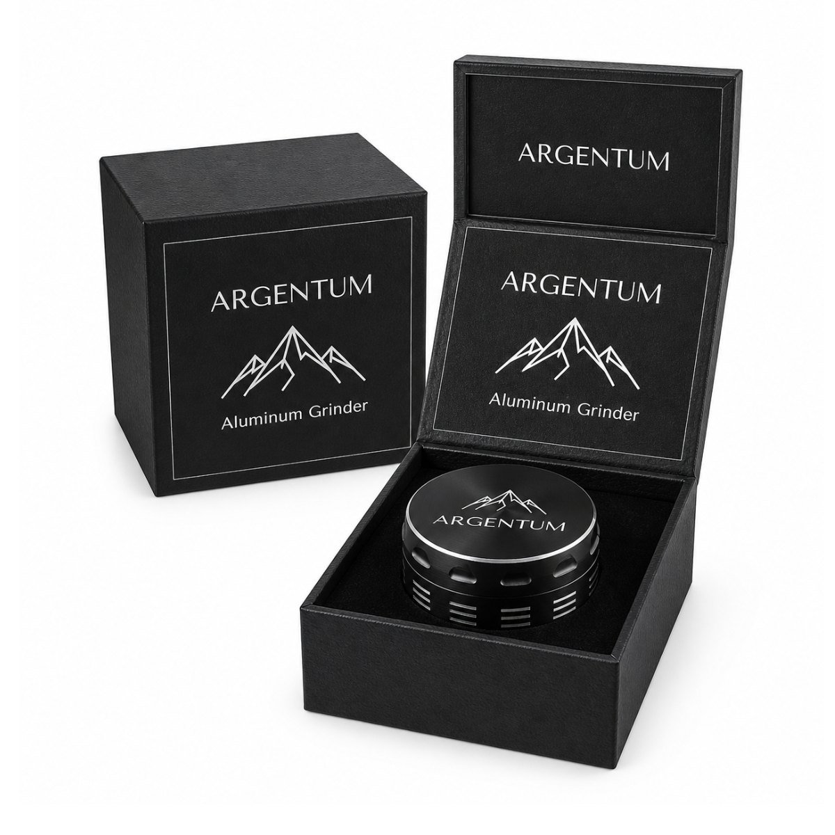 ARGENTUM grinder seated in its black magnetic gift box printed with the ARGENTUM mountain logo